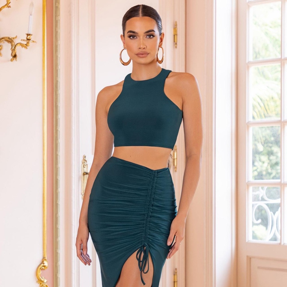 Club L London Green Midi Pencil Skirt with Ruched Slit